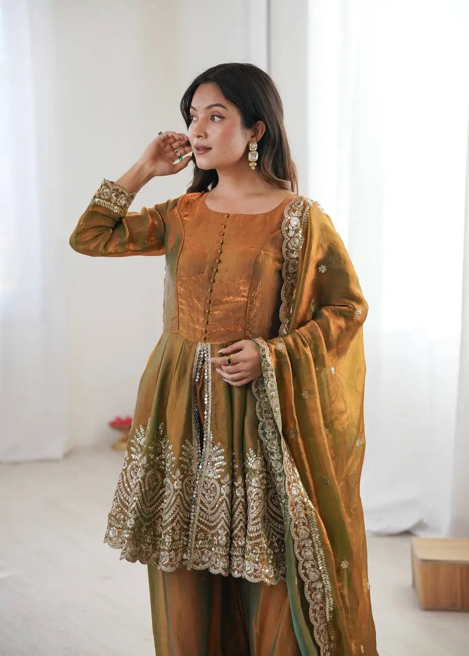 Heavy Two Tone Fendy Satin Silk Embroidered Gown with Sharara & Dupatta – Designer Ethnic Wear