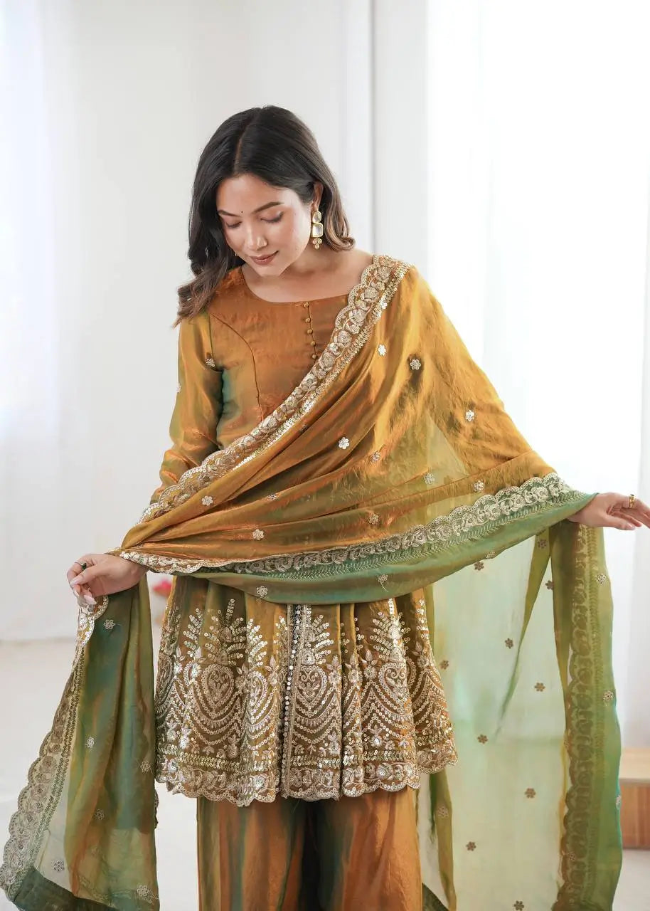 Heavy Two Tone Fendy Satin Silk Embroidered Gown with Sharara & Dupatta – Designer Ethnic Wear