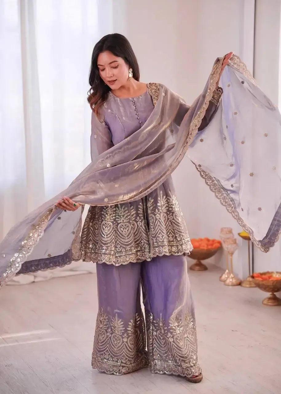 Heavy Two Tone Fendy Satin Silk Embroidered Gown with Sharara & Dupatta – Designer Ethnic Wear