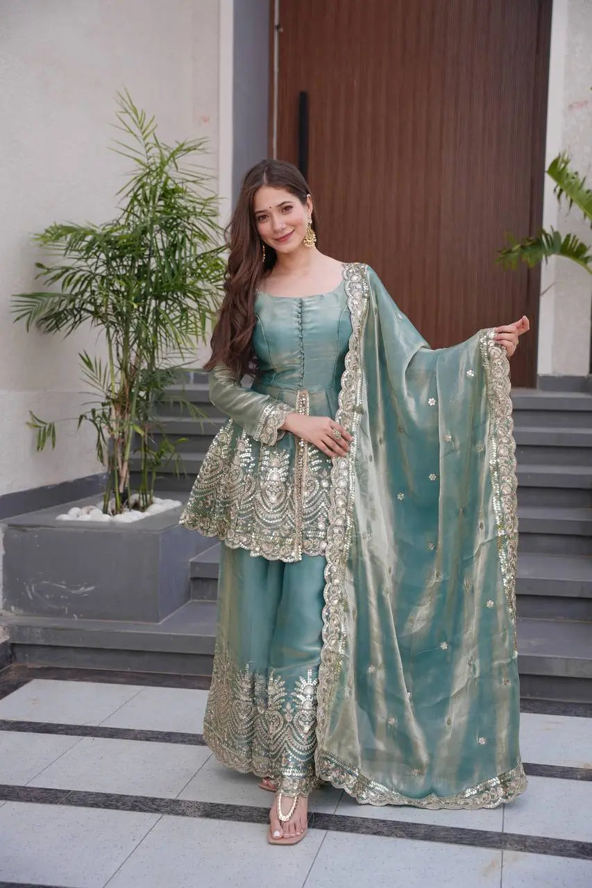 Heavy Two Tone Fendy Satin Silk Embroidered Gown with Sharara & Dupatta – Designer Ethnic Wear