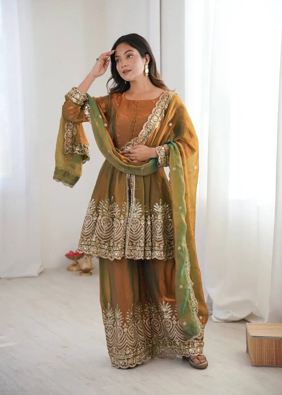 Heavy Two Tone Fendy Satin Silk Embroidered Gown with Sharara & Dupatta – Designer Ethnic Wear