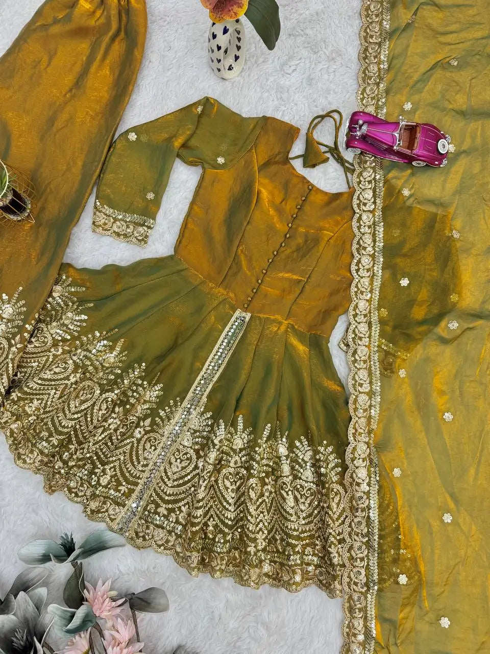 Heavy Two Tone Fendy Satin Silk Embroidered Gown with Sharara & Dupatta – Designer Ethnic Wear