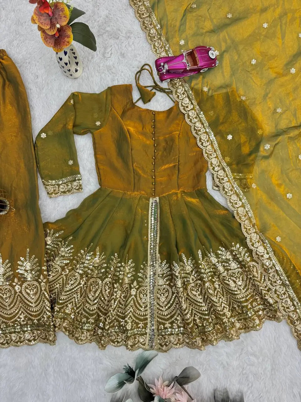 Heavy Two Tone Fendy Satin Silk Embroidered Gown with Sharara & Dupatta – Designer Ethnic Wear