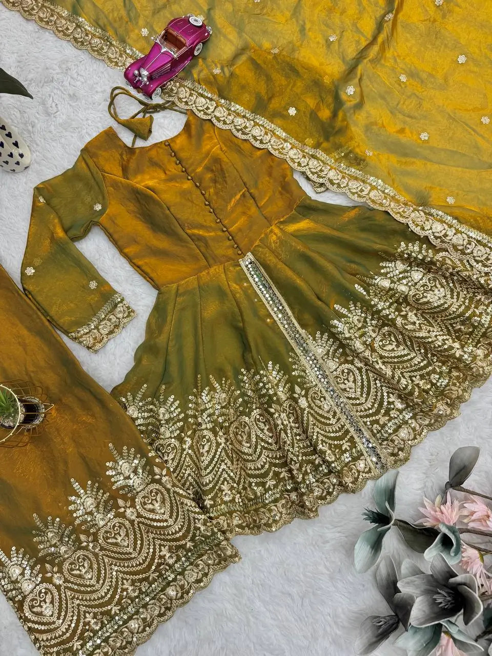 Heavy Two Tone Fendy Satin Silk Embroidered Gown with Sharara & Dupatta – Designer Ethnic Wear