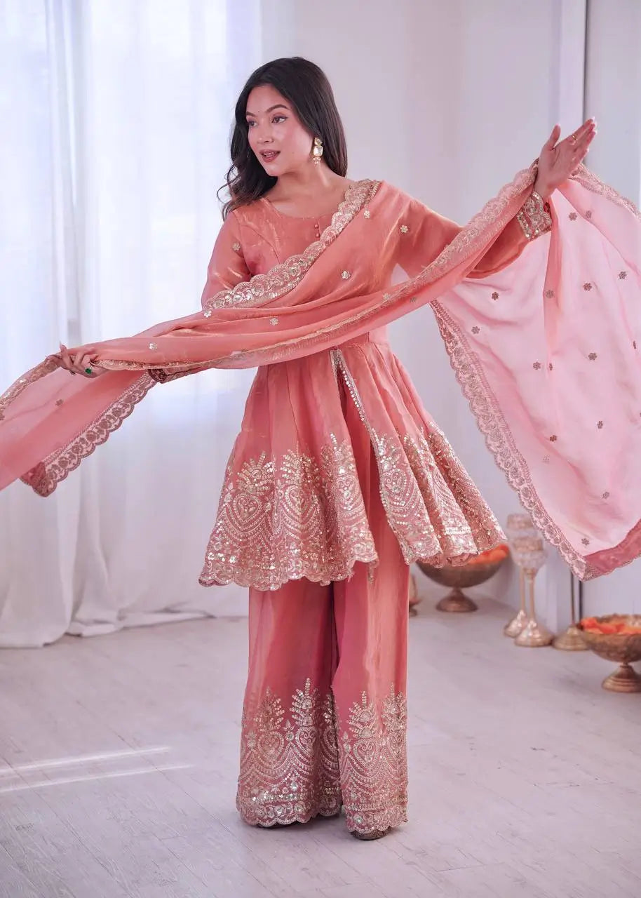 Heavy Two Tone Fendy Satin Silk Embroidered Gown with Sharara & Dupatta – Designer Ethnic Wear