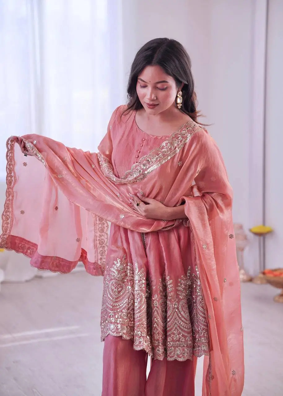 Heavy Two Tone Fendy Satin Silk Embroidered Gown with Sharara & Dupatta – Designer Ethnic Wear