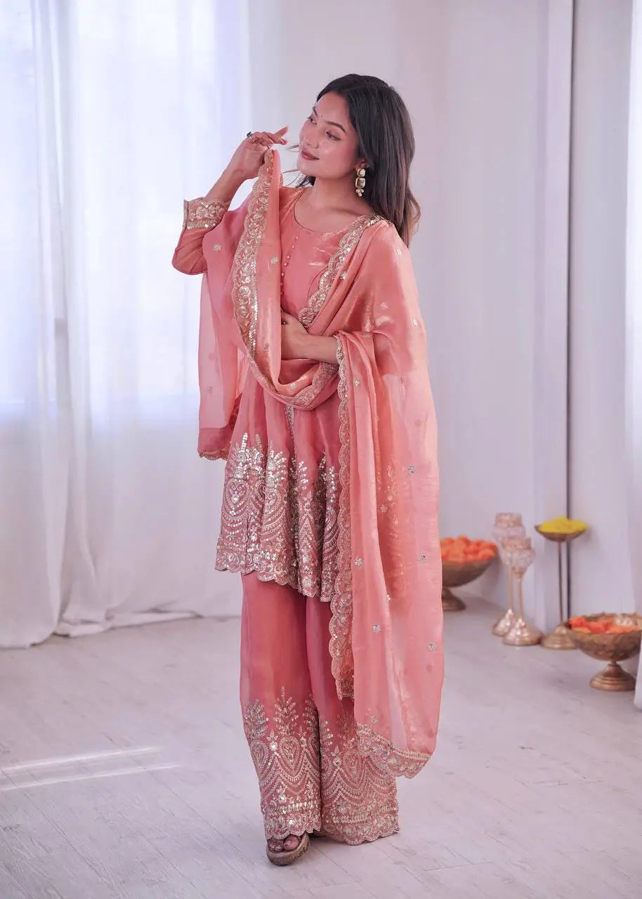 Heavy Two Tone Fendy Satin Silk Embroidered Gown with Sharara & Dupatta – Designer Ethnic Wear