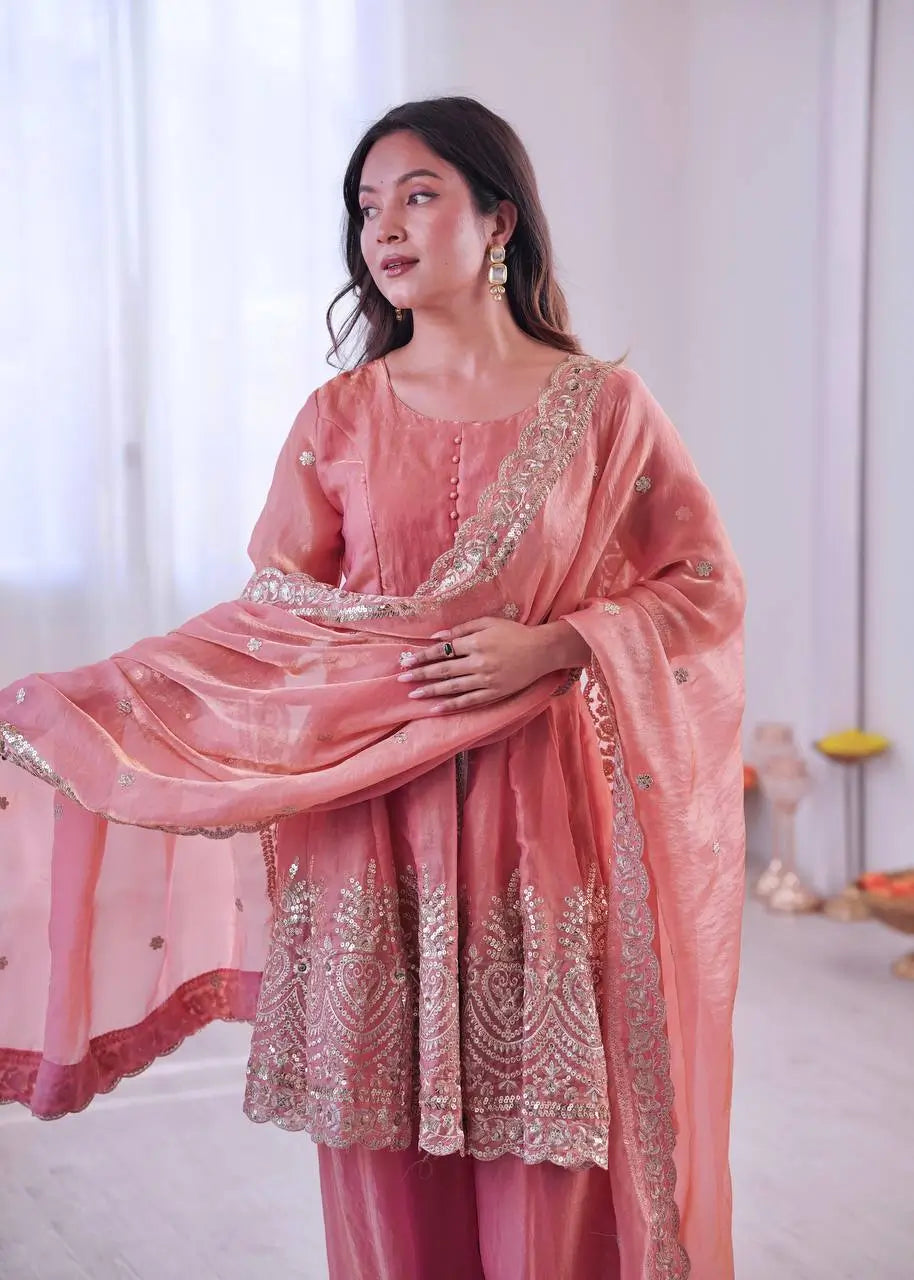 Heavy Two Tone Fendy Satin Silk Embroidered Gown with Sharara & Dupatta – Designer Ethnic Wear