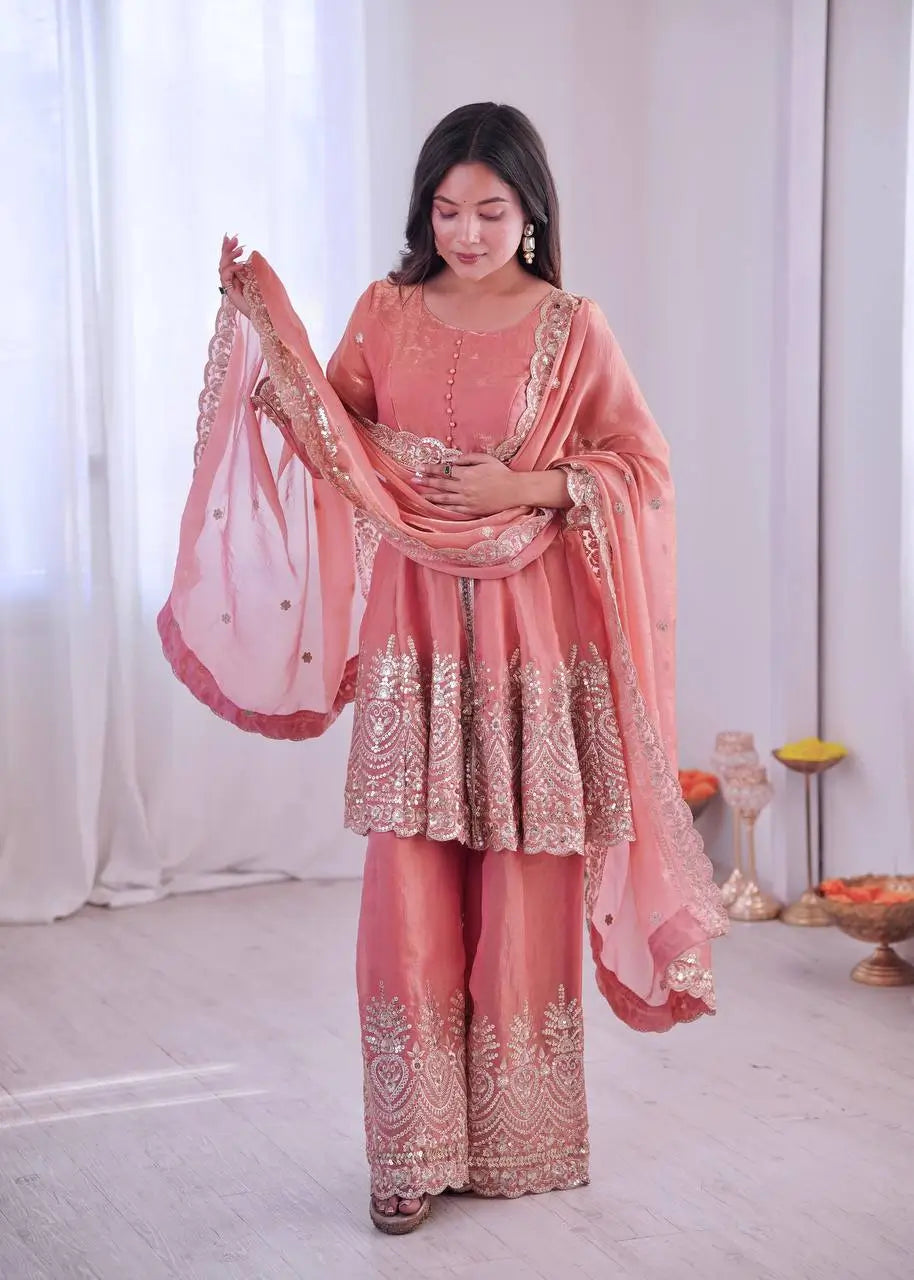Heavy Two Tone Fendy Satin Silk Embroidered Gown with Sharara & Dupatta – Designer Ethnic Wear