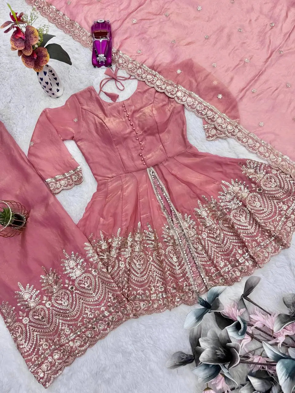 Heavy Two Tone Fendy Satin Silk Embroidered Gown with Sharara & Dupatta – Designer Ethnic Wear