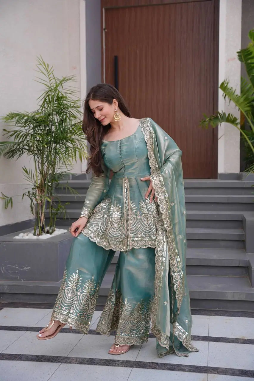 Heavy Two Tone Fendy Satin Silk Embroidered Gown with Sharara & Dupatta – Designer Ethnic Wear