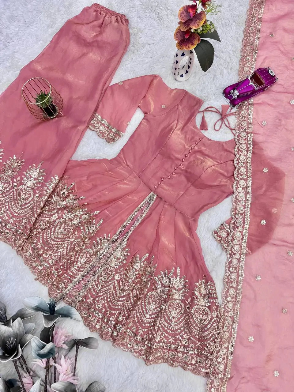 Heavy Two Tone Fendy Satin Silk Embroidered Gown with Sharara & Dupatta – Designer Ethnic Wear
