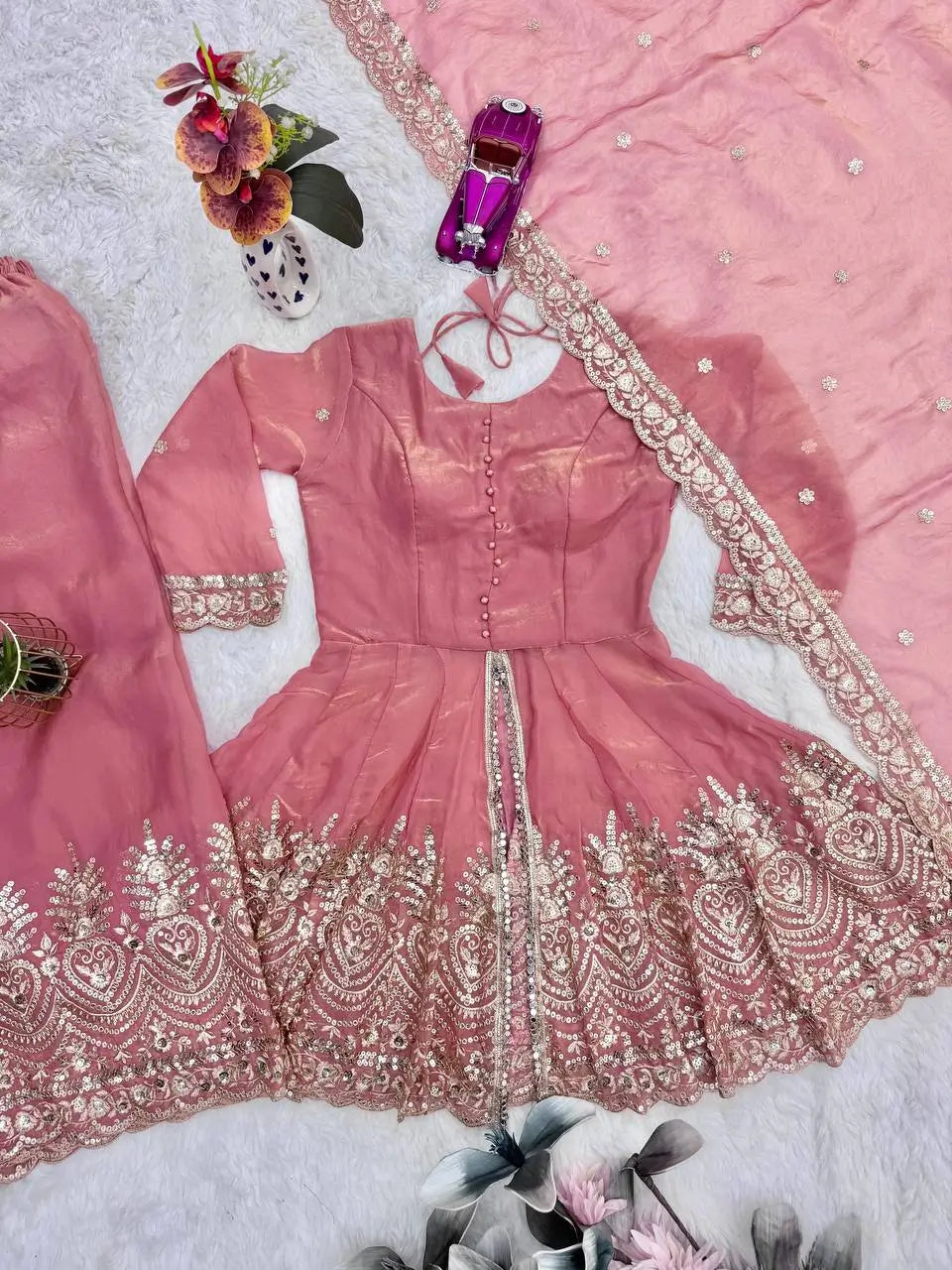 Heavy Two Tone Fendy Satin Silk Embroidered Gown with Sharara & Dupatta – Designer Ethnic Wear