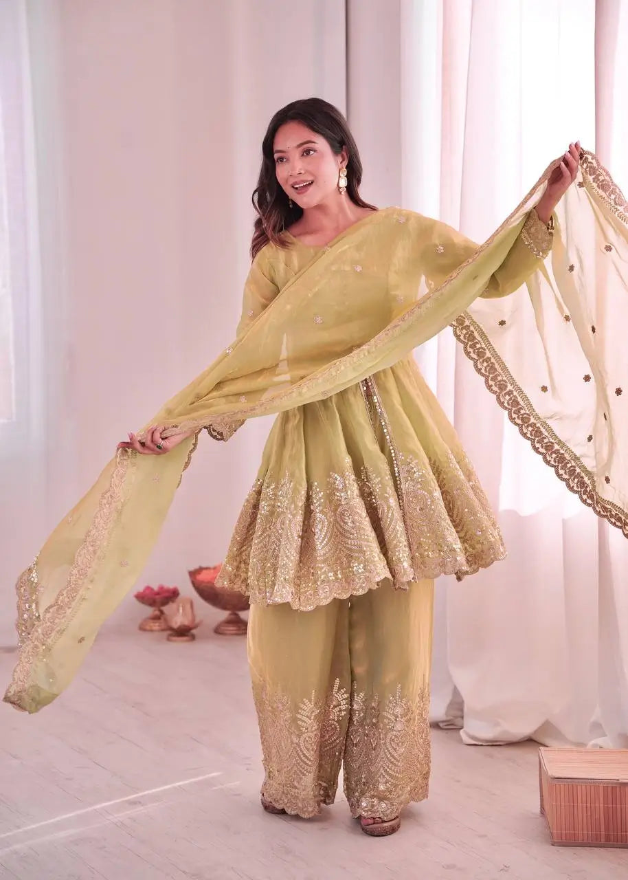 Heavy Two Tone Fendy Satin Silk Embroidered Gown with Sharara & Dupatta – Designer Ethnic Wear
