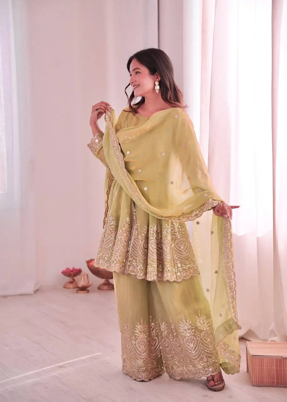 Heavy Two Tone Fendy Satin Silk Embroidered Gown with Sharara & Dupatta – Designer Ethnic Wear