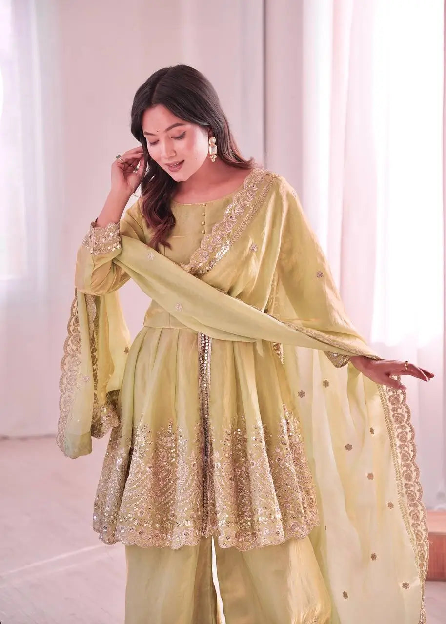 Heavy Two Tone Fendy Satin Silk Embroidered Gown with Sharara & Dupatta – Designer Ethnic Wear