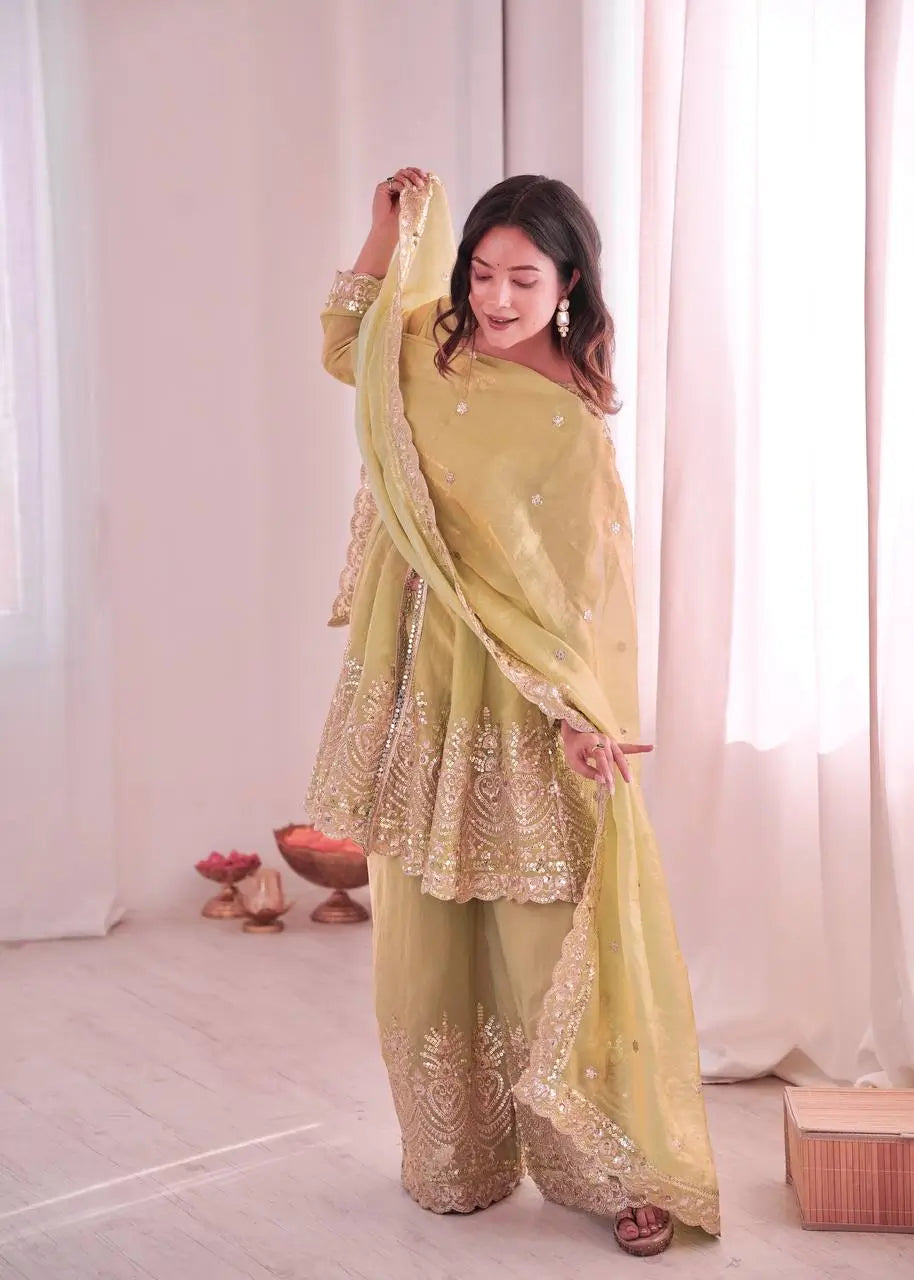 Heavy Two Tone Fendy Satin Silk Embroidered Gown with Sharara & Dupatta – Designer Ethnic Wear