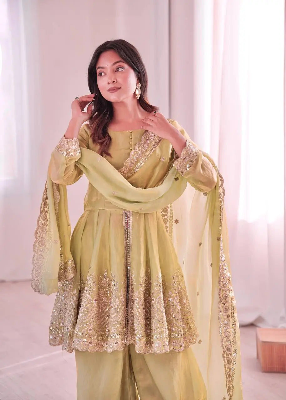 Heavy Two Tone Fendy Satin Silk Embroidered Gown with Sharara & Dupatta – Designer Ethnic Wear