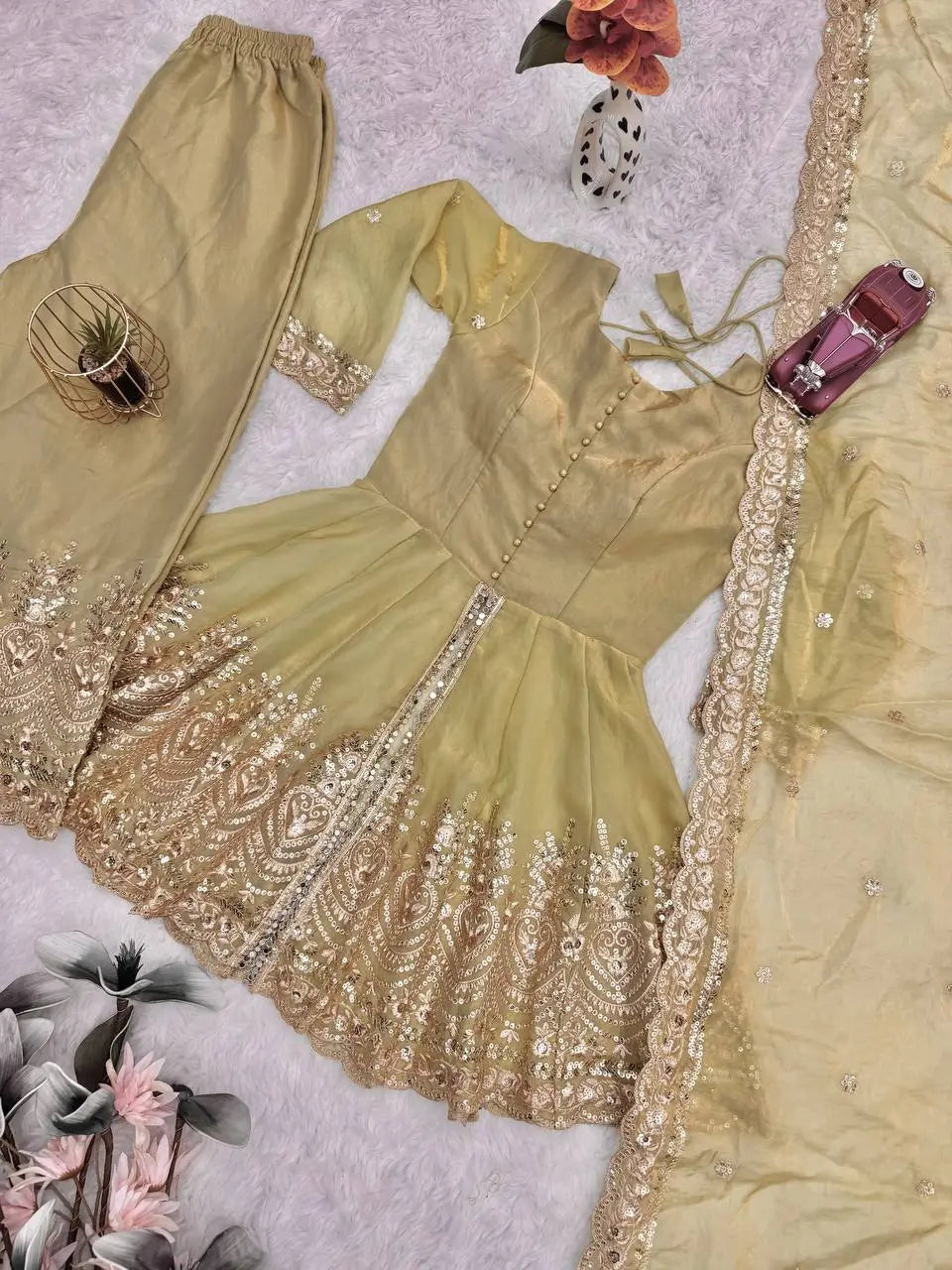 Heavy Two Tone Fendy Satin Silk Embroidered Gown with Sharara & Dupatta – Designer Ethnic Wear