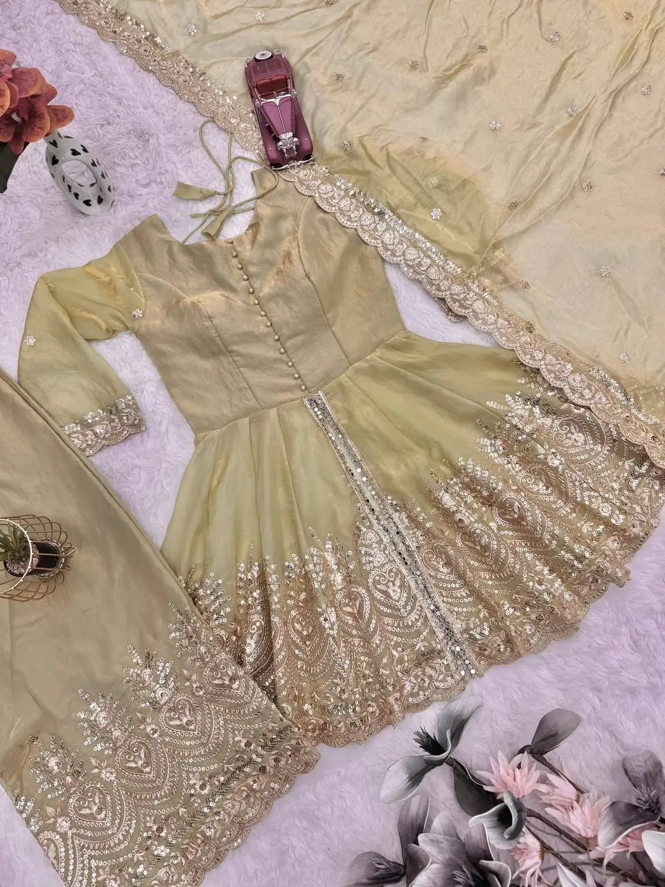 Heavy Two Tone Fendy Satin Silk Embroidered Gown with Sharara & Dupatta – Designer Ethnic Wear