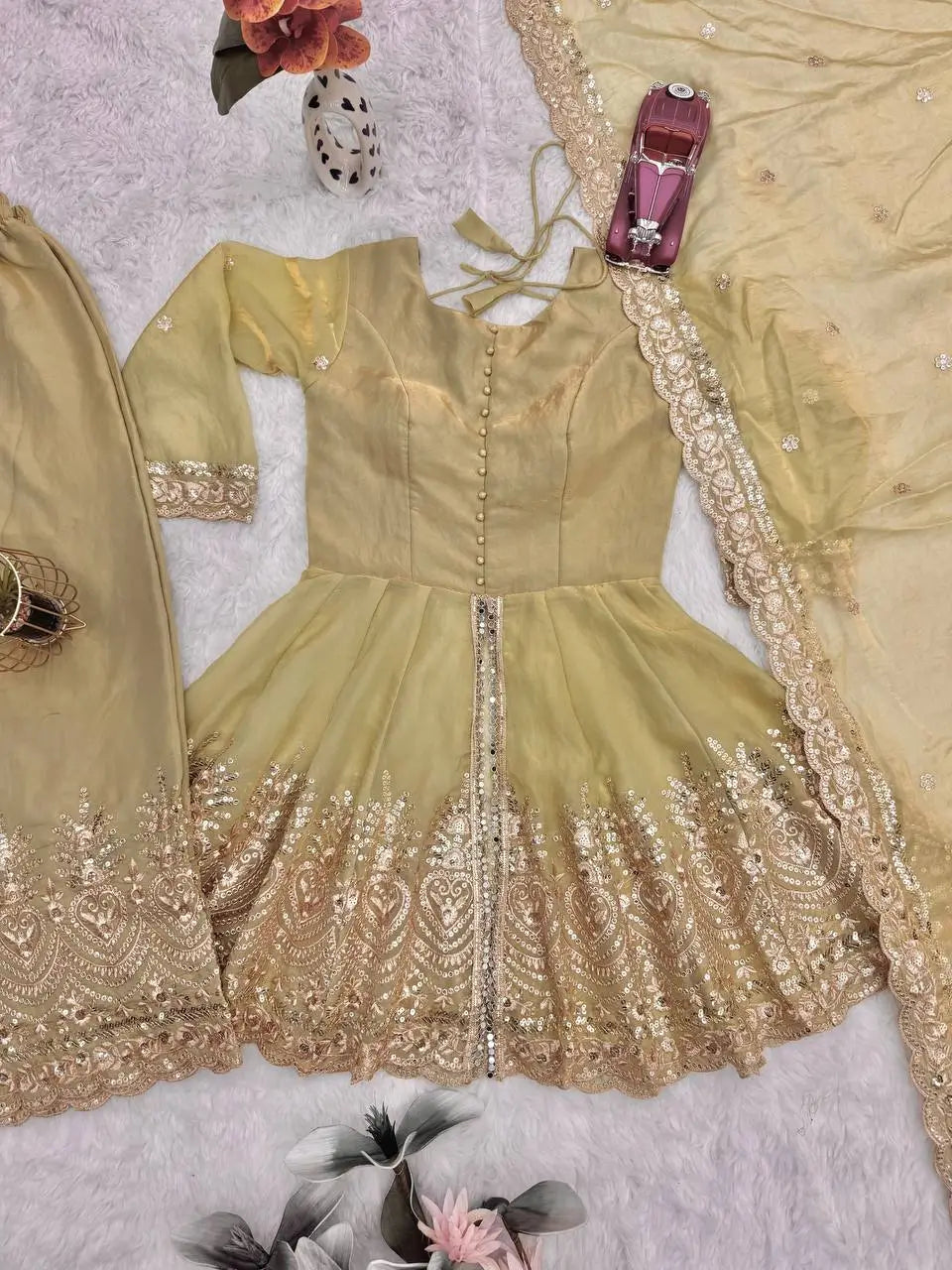 Heavy Two Tone Fendy Satin Silk Embroidered Gown with Sharara & Dupatta – Designer Ethnic Wear