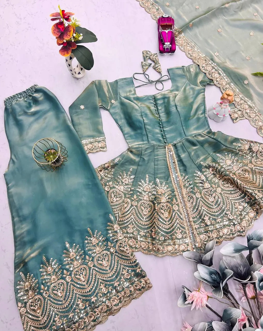 Heavy Two Tone Fendy Satin Silk Embroidered Gown with Sharara & Dupatta – Designer Ethnic Wear