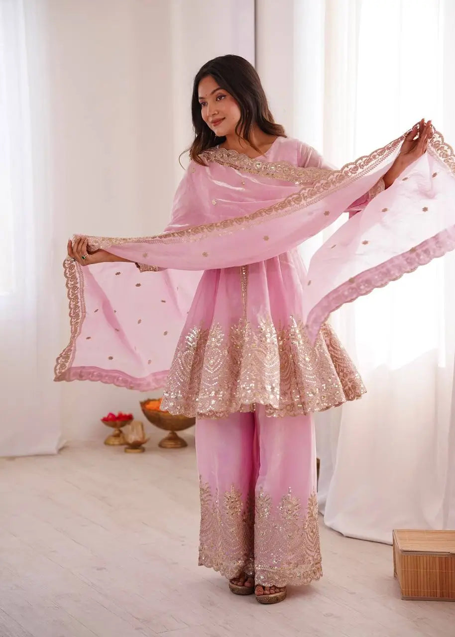 Heavy Two Tone Fendy Satin Silk Embroidered Gown with Sharara & Dupatta – Designer Ethnic Wear