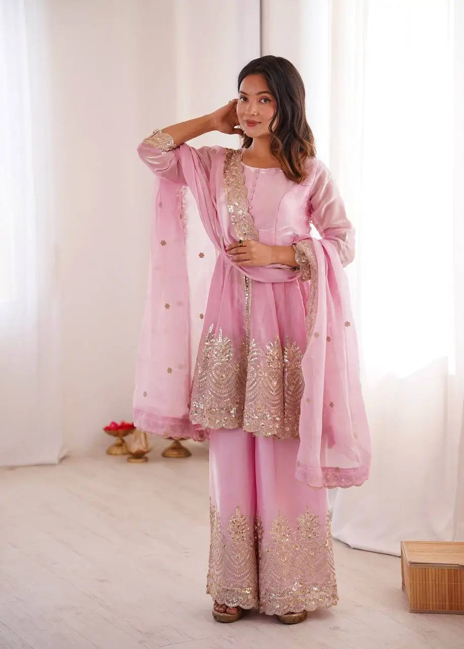 Heavy Two Tone Fendy Satin Silk Embroidered Gown with Sharara & Dupatta – Designer Ethnic Wear