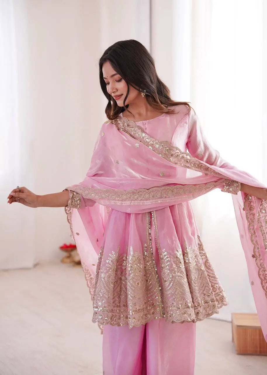 Heavy Two Tone Fendy Satin Silk Embroidered Gown with Sharara & Dupatta – Designer Ethnic Wear
