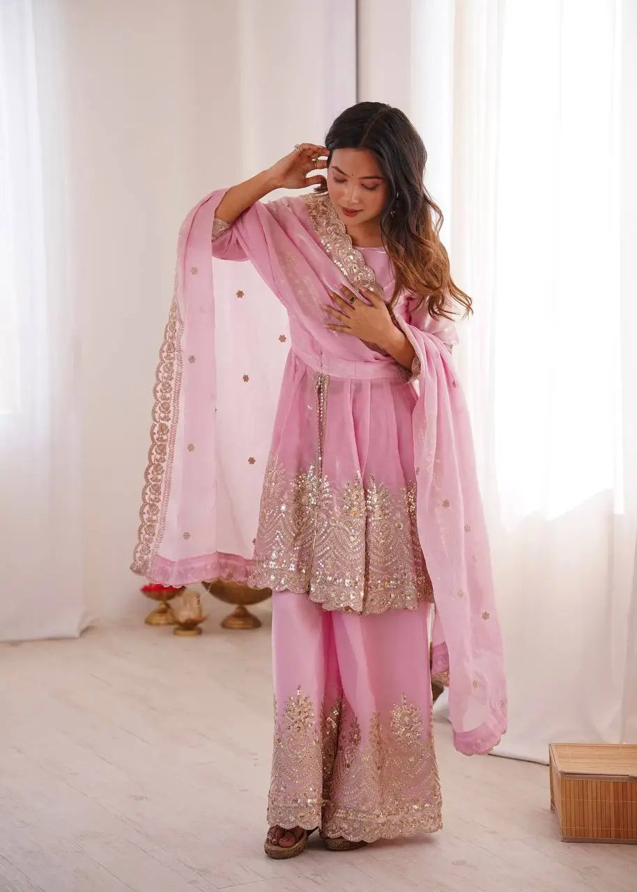 Heavy Two Tone Fendy Satin Silk Embroidered Gown with Sharara & Dupatta – Designer Ethnic Wear