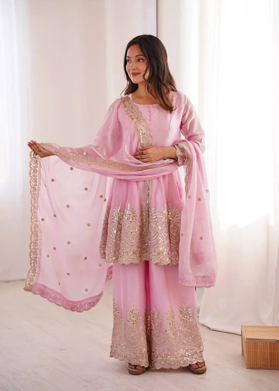 Heavy Two Tone Fendy Satin Silk Embroidered Gown with Sharara & Dupatta – Designer Ethnic Wear