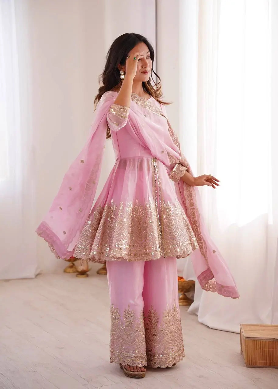 Heavy Two Tone Fendy Satin Silk Embroidered Gown with Sharara & Dupatta – Designer Ethnic Wear