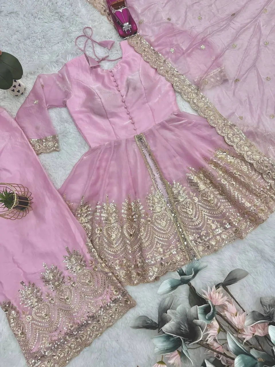 Heavy Two Tone Fendy Satin Silk Embroidered Gown with Sharara & Dupatta – Designer Ethnic Wear