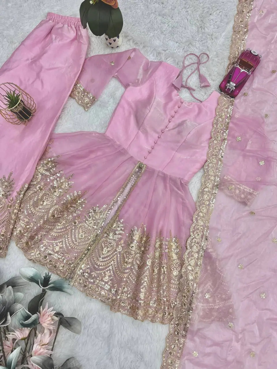 Heavy Two Tone Fendy Satin Silk Embroidered Gown with Sharara & Dupatta – Designer Ethnic Wear
