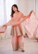Heavy Two Tone Fendy Satin Silk Embroidered Gown with Sharara & Dupatta – Designer Ethnic Wear