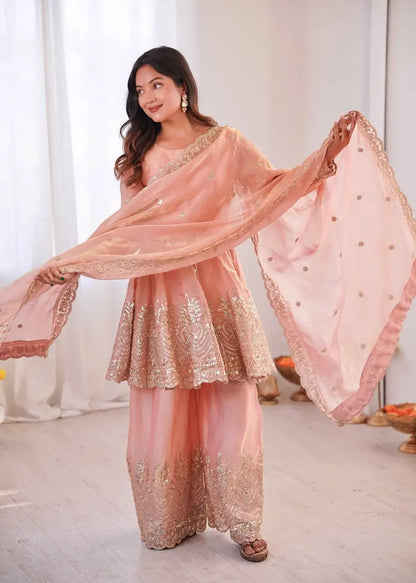 Heavy Two Tone Fendy Satin Silk Embroidered Gown with Sharara & Dupatta – Designer Ethnic Wear