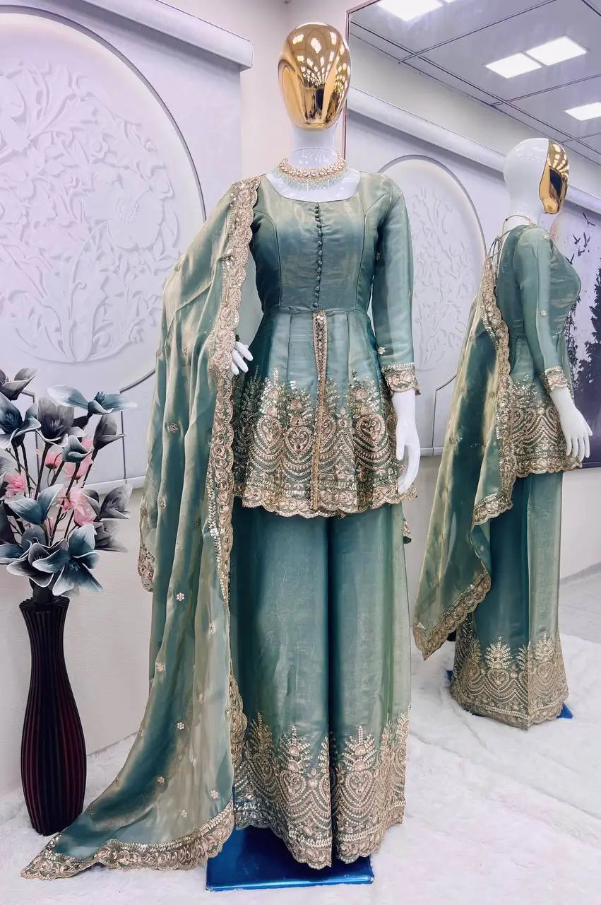 Heavy Two Tone Fendy Satin Silk Embroidered Gown with Sharara & Dupatta – Designer Ethnic Wear