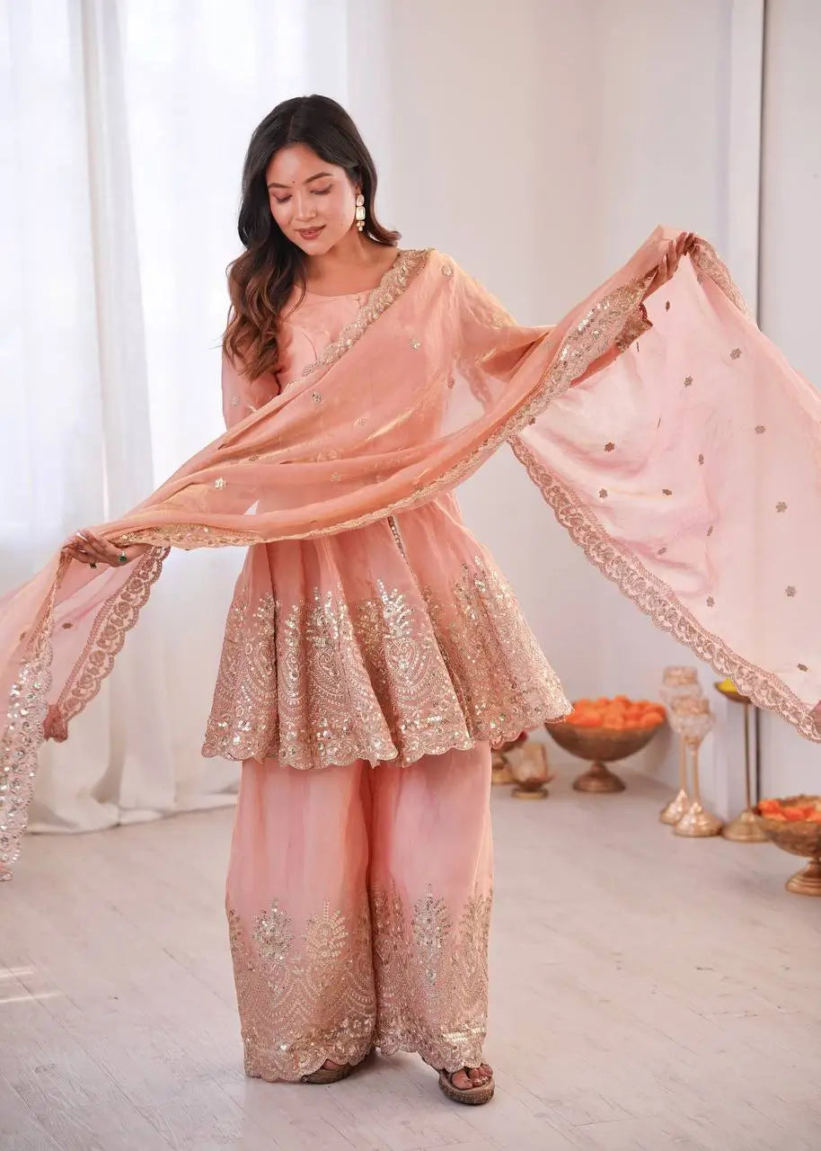 Heavy Two Tone Fendy Satin Silk Embroidered Gown with Sharara & Dupatta – Designer Ethnic Wear