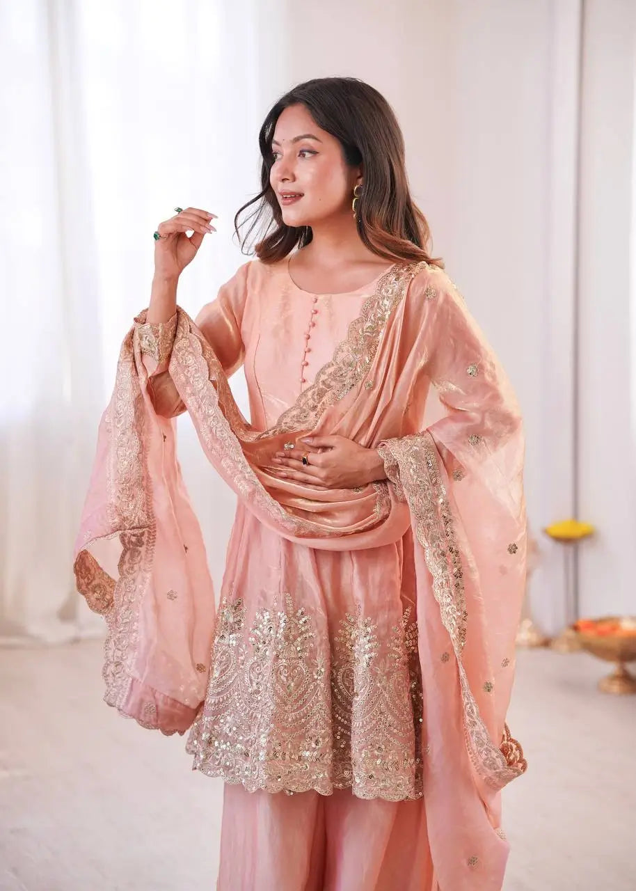 Heavy Two Tone Fendy Satin Silk Embroidered Gown with Sharara & Dupatta – Designer Ethnic Wear
