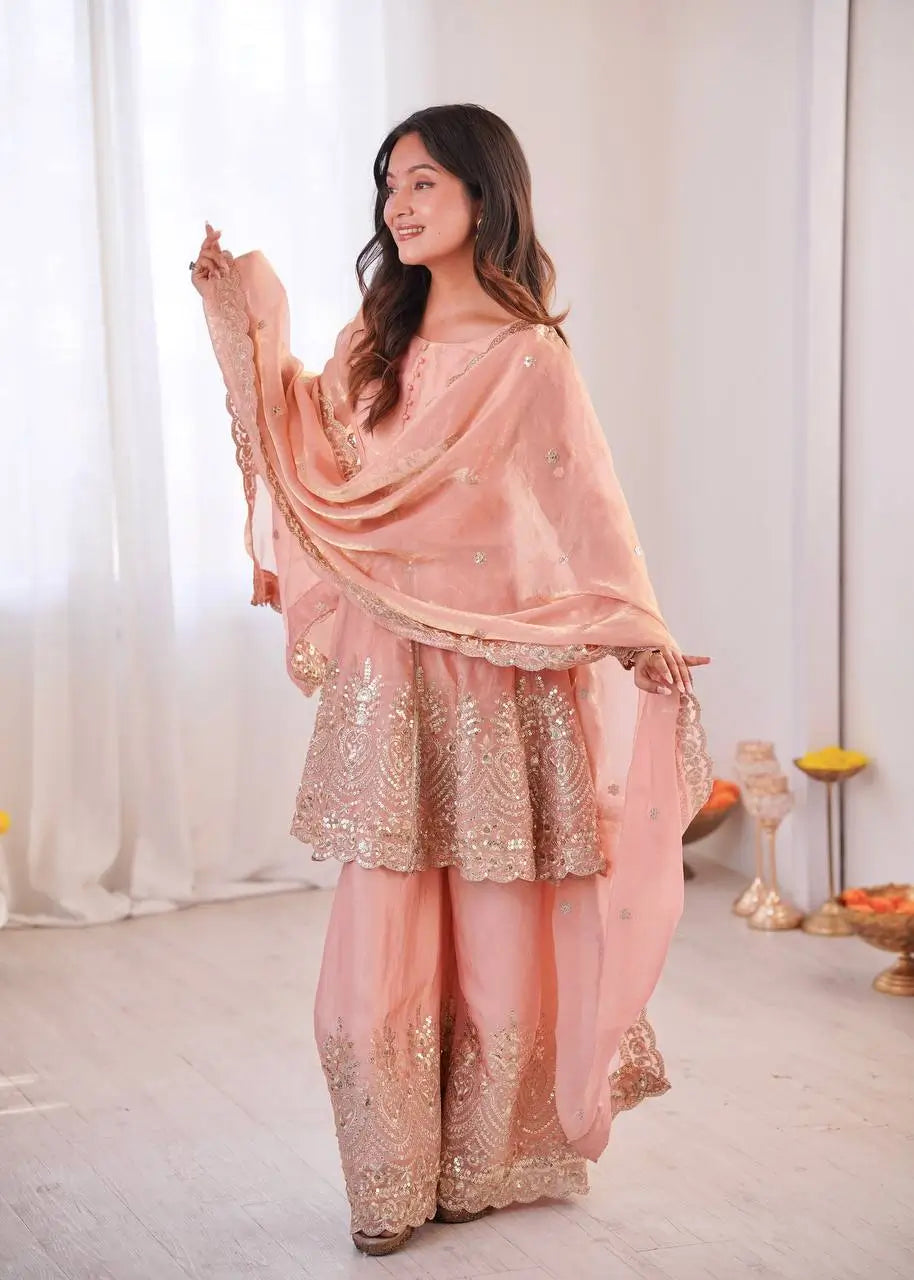 Heavy Two Tone Fendy Satin Silk Embroidered Gown with Sharara & Dupatta – Designer Ethnic Wear