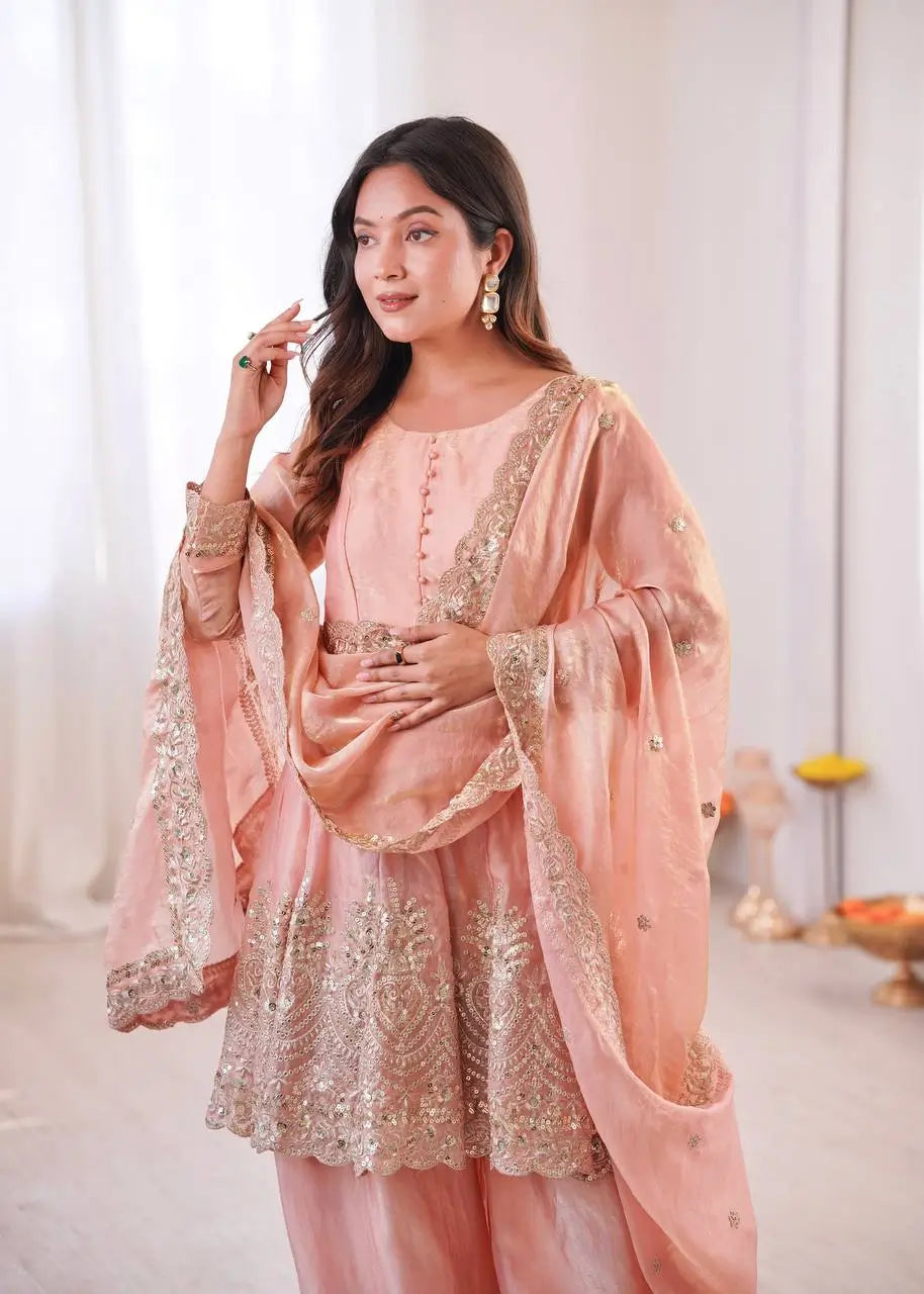 Heavy Two Tone Fendy Satin Silk Embroidered Gown with Sharara & Dupatta – Designer Ethnic Wear