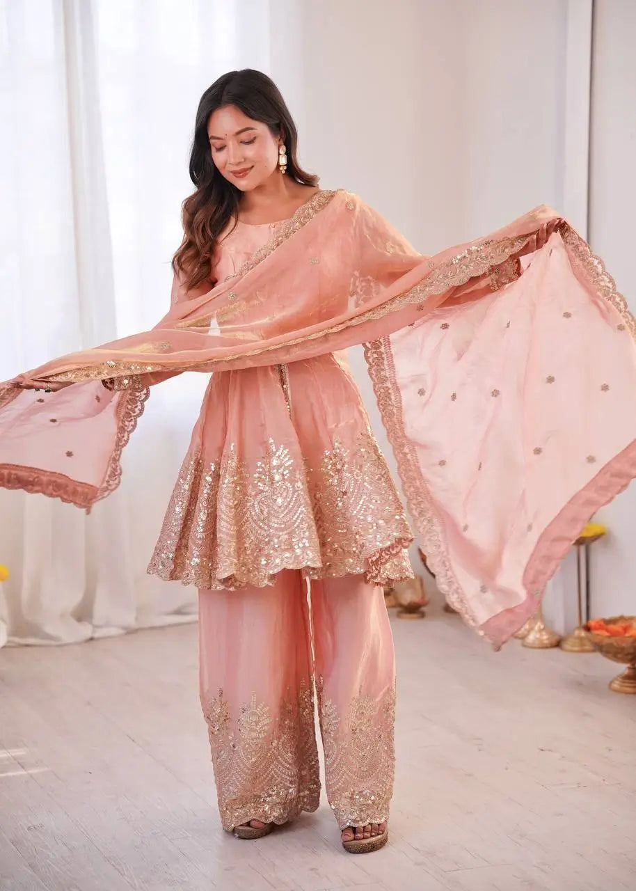 Heavy Two Tone Fendy Satin Silk Embroidered Gown with Sharara & Dupatta – Designer Ethnic Wear