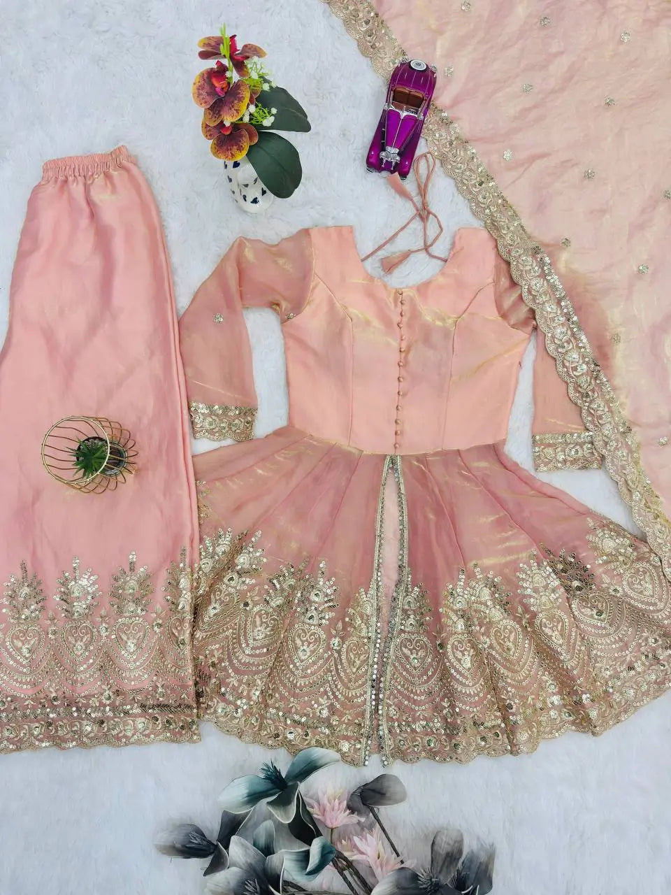 Heavy Two Tone Fendy Satin Silk Embroidered Gown with Sharara & Dupatta – Designer Ethnic Wear