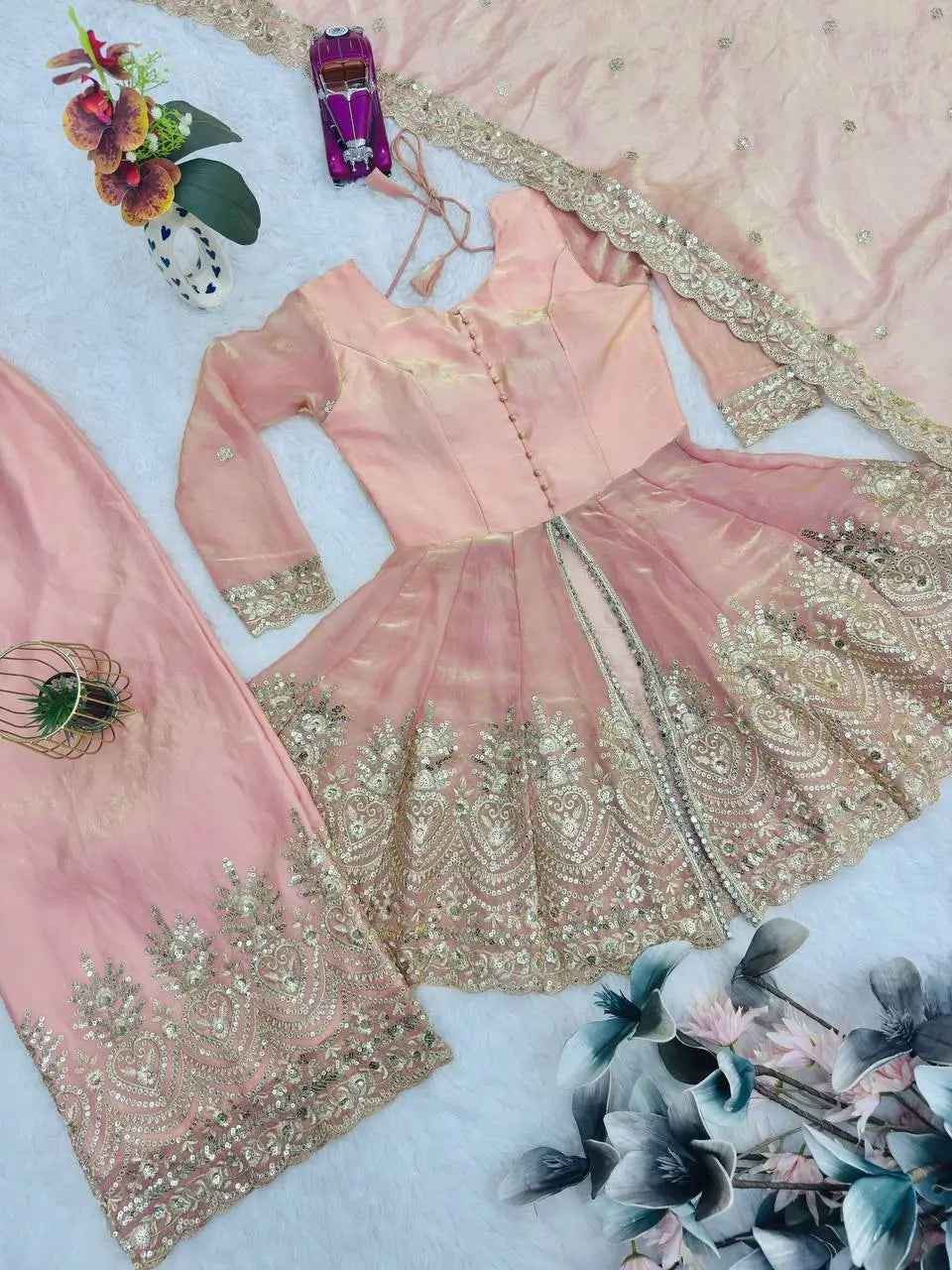 Heavy Two Tone Fendy Satin Silk Embroidered Gown with Sharara & Dupatta – Designer Ethnic Wear
