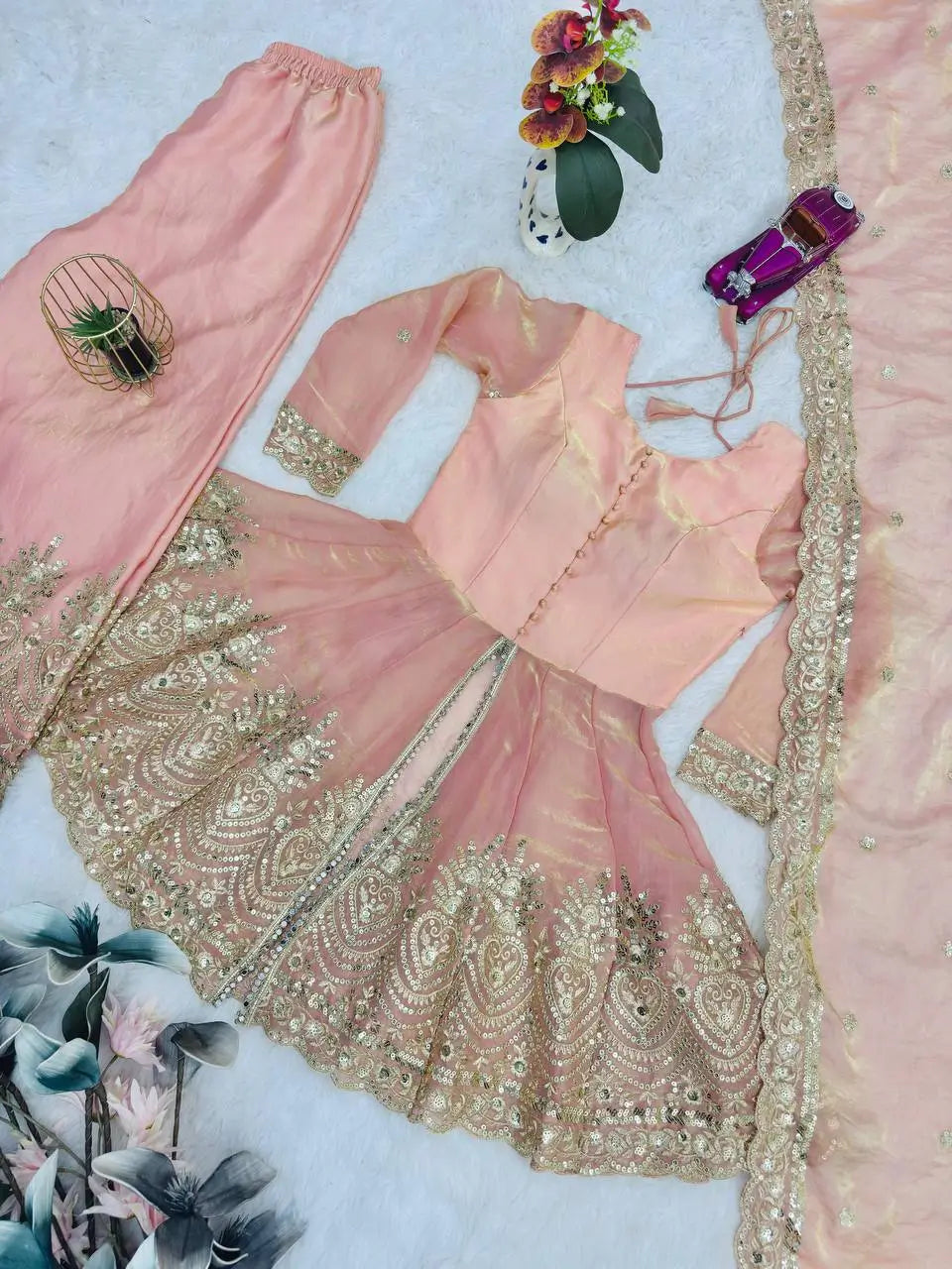 Heavy Two Tone Fendy Satin Silk Embroidered Gown with Sharara & Dupatta – Designer Ethnic Wear