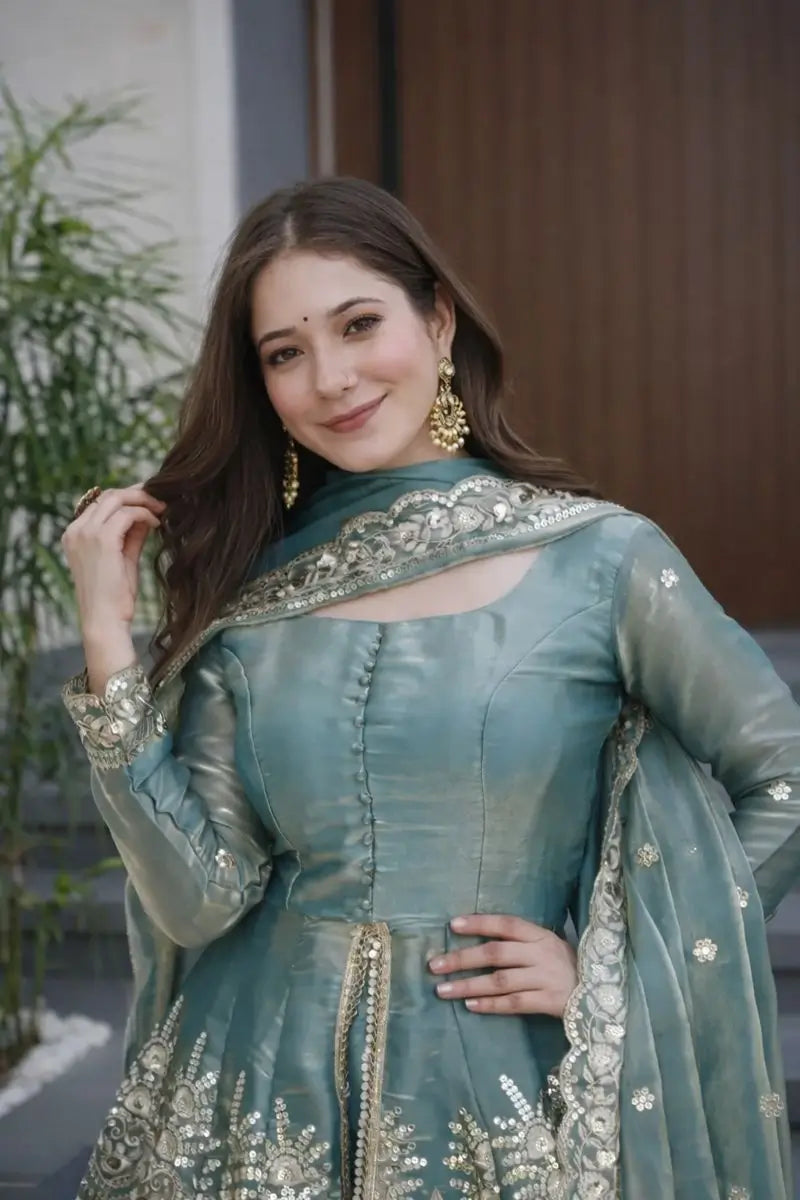 Heavy Two Tone Fendy Satin Silk Embroidered Gown with Sharara & Dupatta – Designer Ethnic Wear