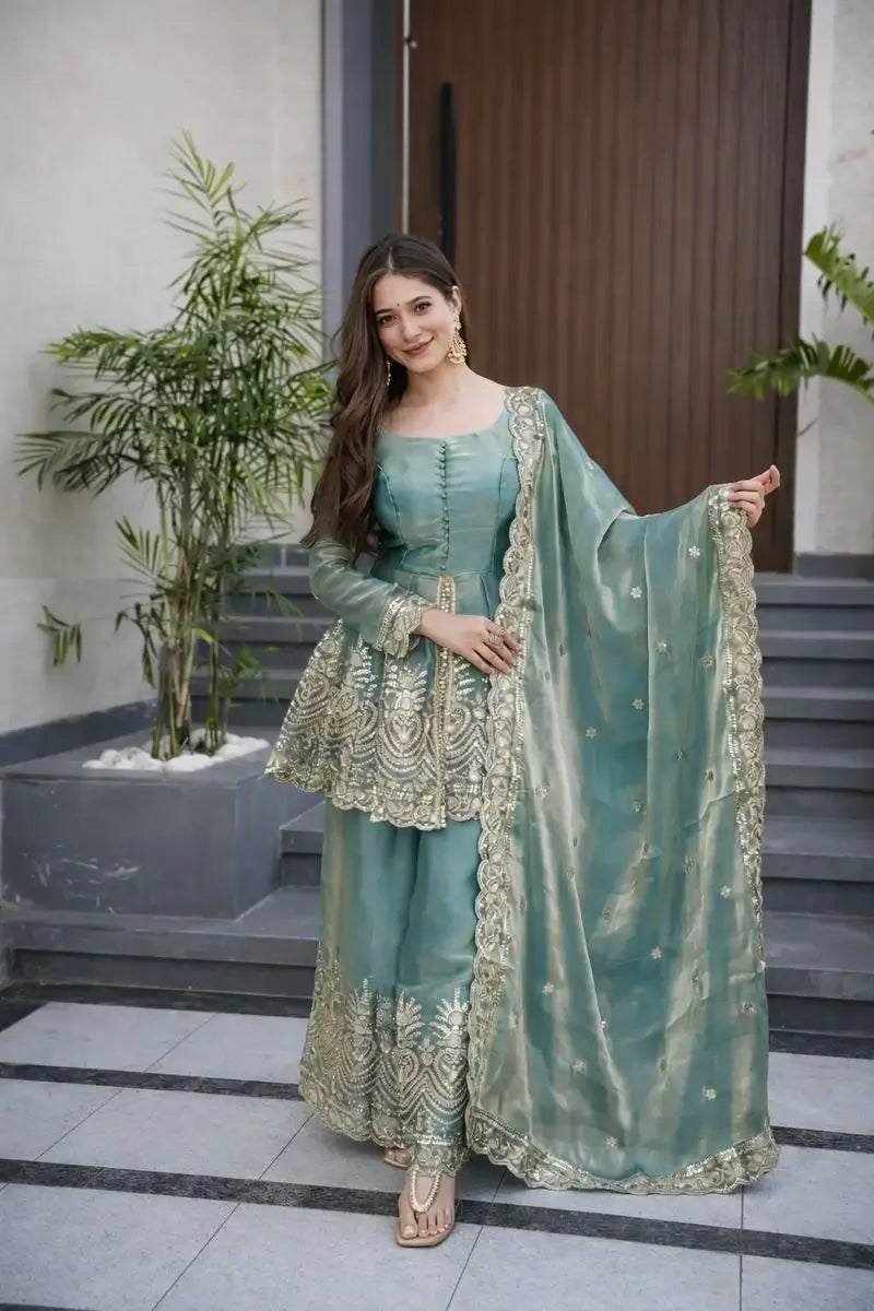 Heavy Two Tone Fendy Satin Silk Embroidered Gown with Sharara & Dupatta – Designer Ethnic Wear