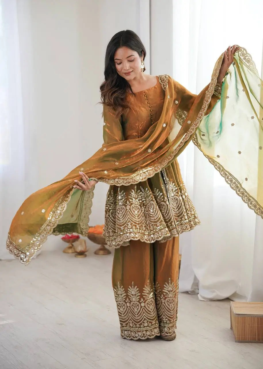 Heavy Two Tone Fendy Satin Silk Embroidered Gown with Sharara & Dupatta – Designer Ethnic Wear