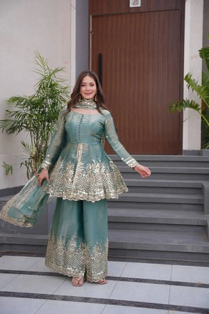 Heavy Two Tone Fendy Satin Silk Embroidered Gown with Sharara & Dupatta – Designer Ethnic Wear