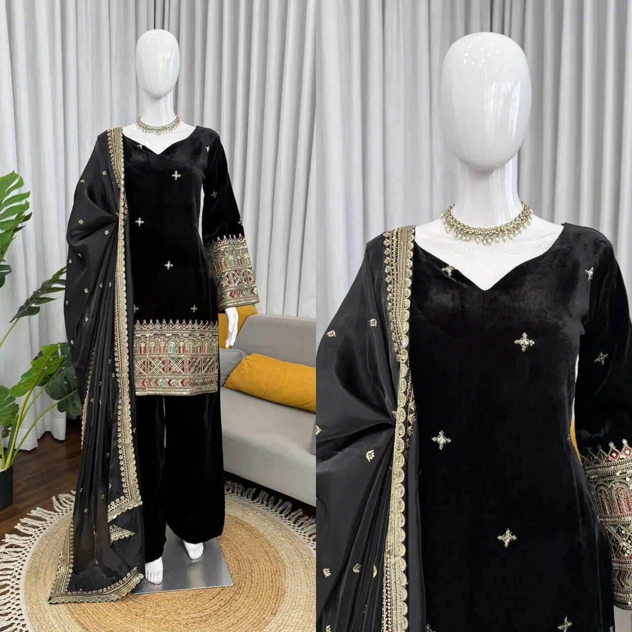 Heavy Velvet Embroidered Kurti Plazzo Set